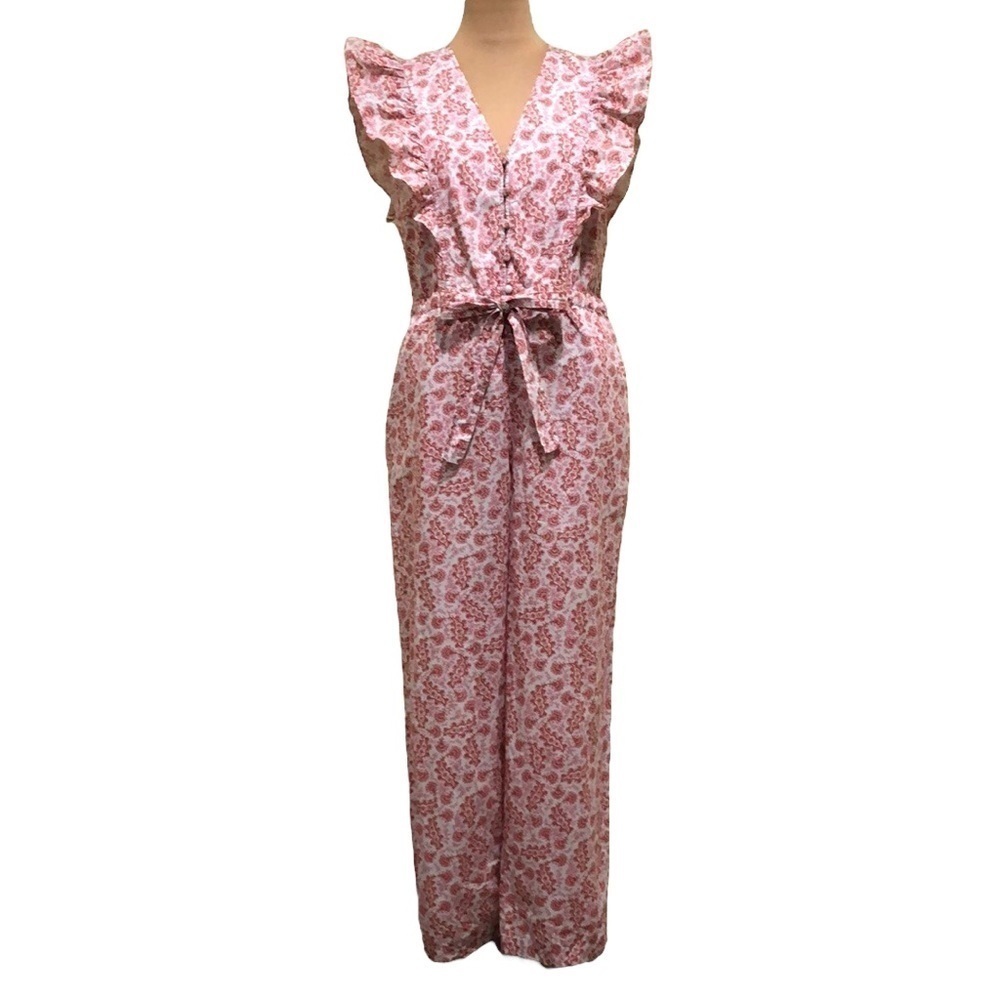 La Vie Rebecca Taylor Wave Paisley Jumpsuit Size Medium Pink White Floral Ruffle
